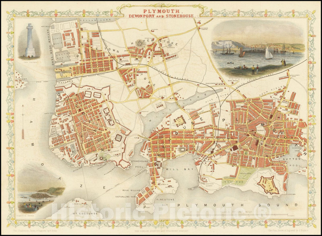 Historic Map : Plymouth, Devonport and Stonehouse, 1851, Vintage Wall Art