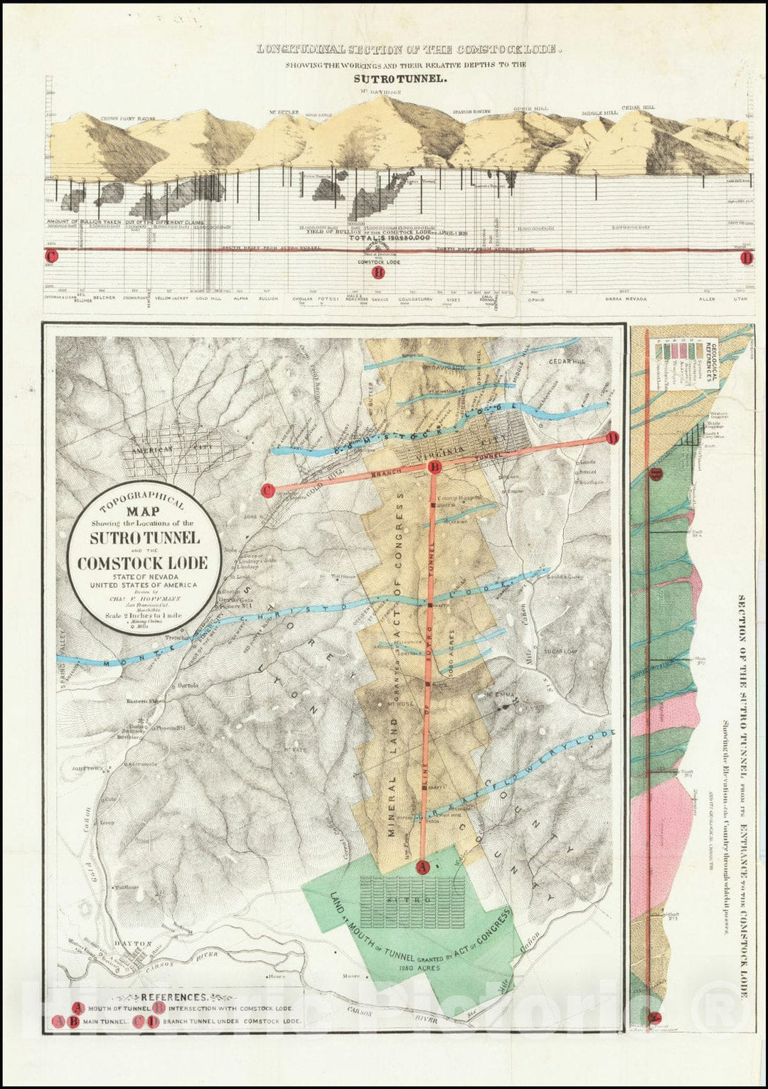Historic Map : Topographical the Location of the Sutro Tunnel and the Comstock Lode,1866 (1870), Vintage Wall Art