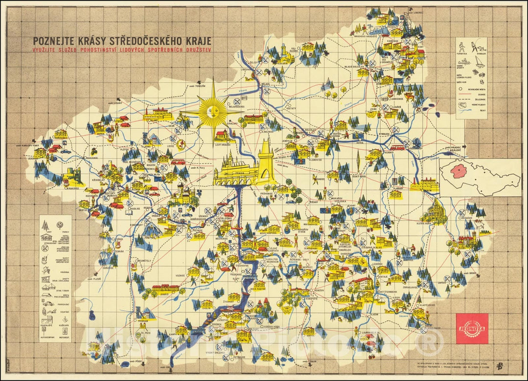 Historic Map : Poznejte Krasy Stredoceskeho Kraje Vyuzijte Sluzeb Pohostinstvi Lidovych Spotrebnich Druzstev, 1964, Vintage Wall Art