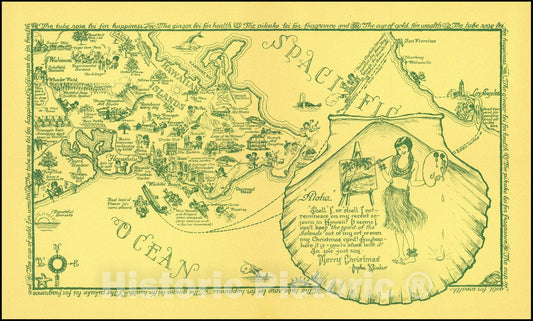 Historic Map : Aloha - Christmas Post Card,  1947, Vintage Wall Art