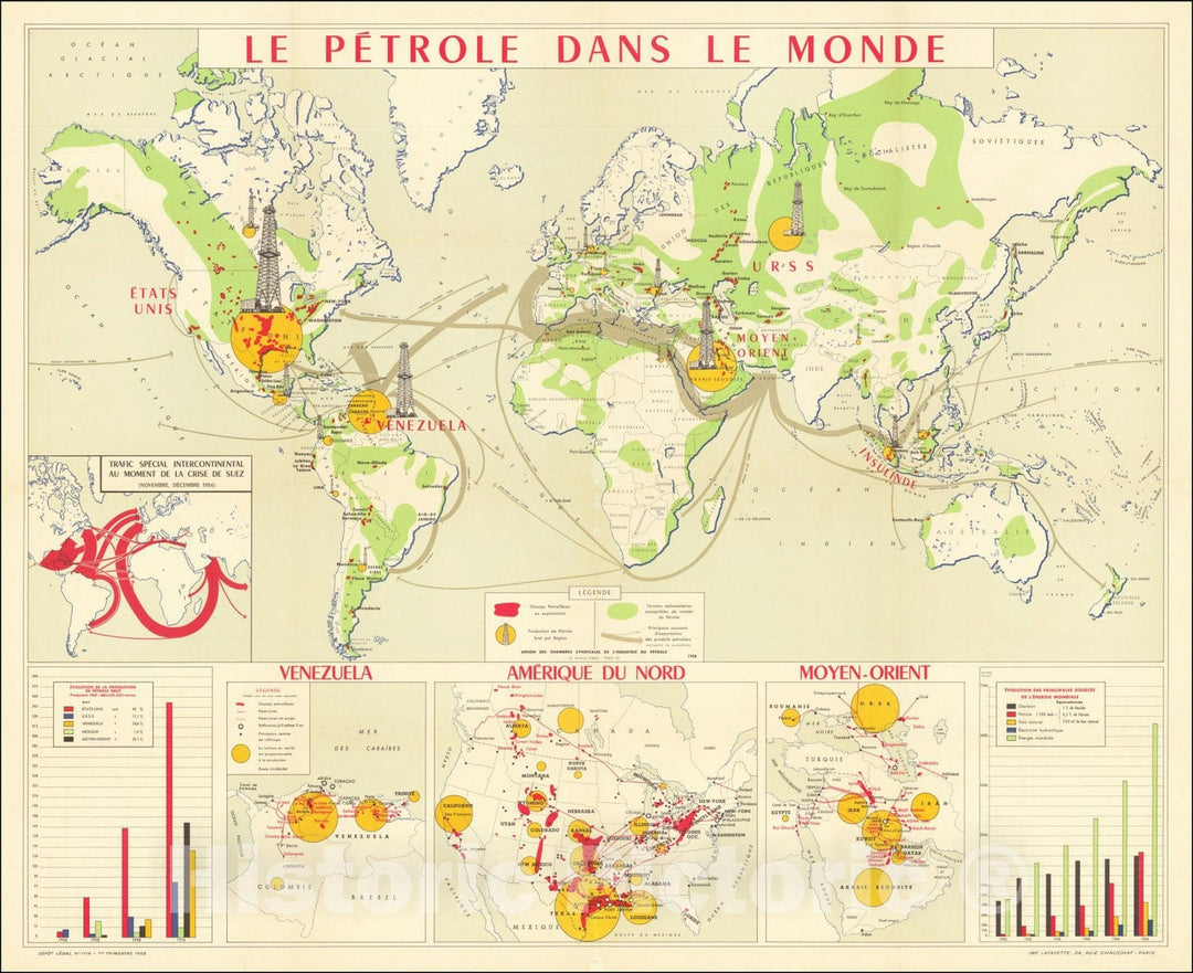 Historic Map : Le PÃ©trole dans le Monde, 1958, Vintage Wall Art