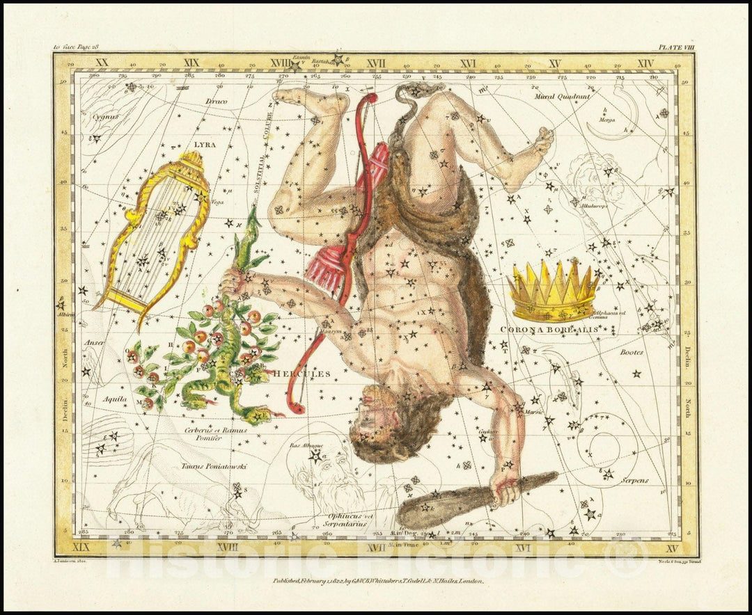 Historic Map : Corona Borealis, Hercules and Cereerus and Lyra, 1822, Vintage Wall Art