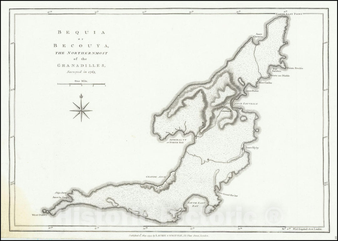 Historic Map : Bequia or Becouya, The Northernmost of the Granadilles, Surveyed in 1763, 1794, Vintage Wall Art