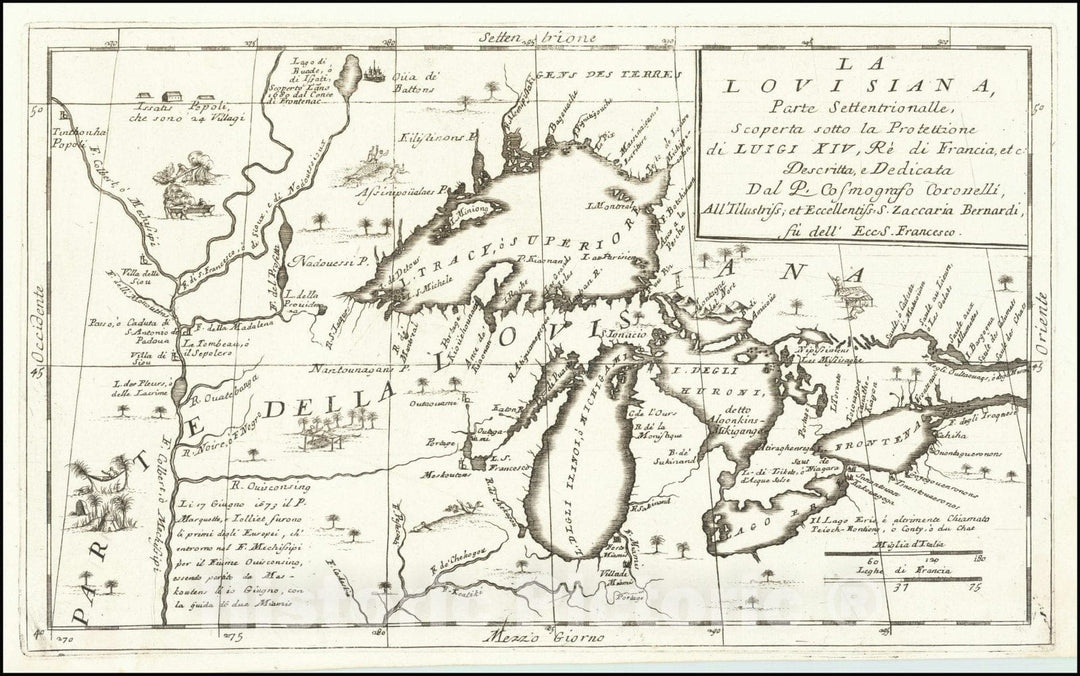 Historic Map : La Louisiana, Parte Settentrionalle, Scoperta sotto Protettione di Luigi XIV, Re di Francia,  1691 v1, Vintage Wall Art