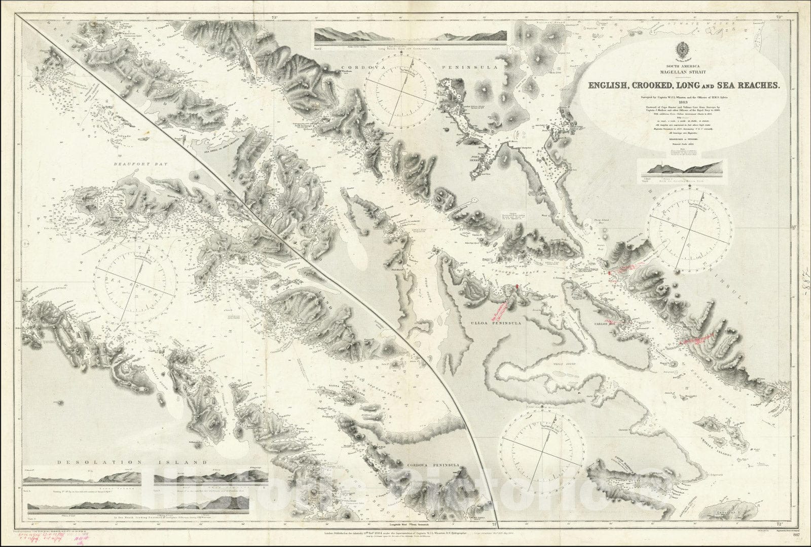 Historic Map : Magellan Strait English, Crooked, Long and Sea Reaches. Surveyed by Captain W.J.L. Wharton and the Officers of H.M.S. Sylvia,1883 (updates to 1915), Vintage Wall Art