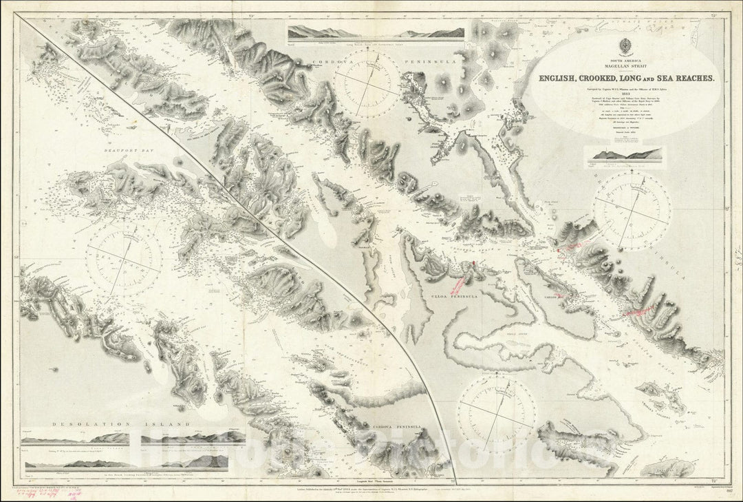 Historic Map : Magellan Strait English, Crooked, Long and Sea Reaches. Surveyed by Captain W.J.L. Wharton and the Officers of H.M.S. Sylvia,1883 (updates to 1915), Vintage Wall Art