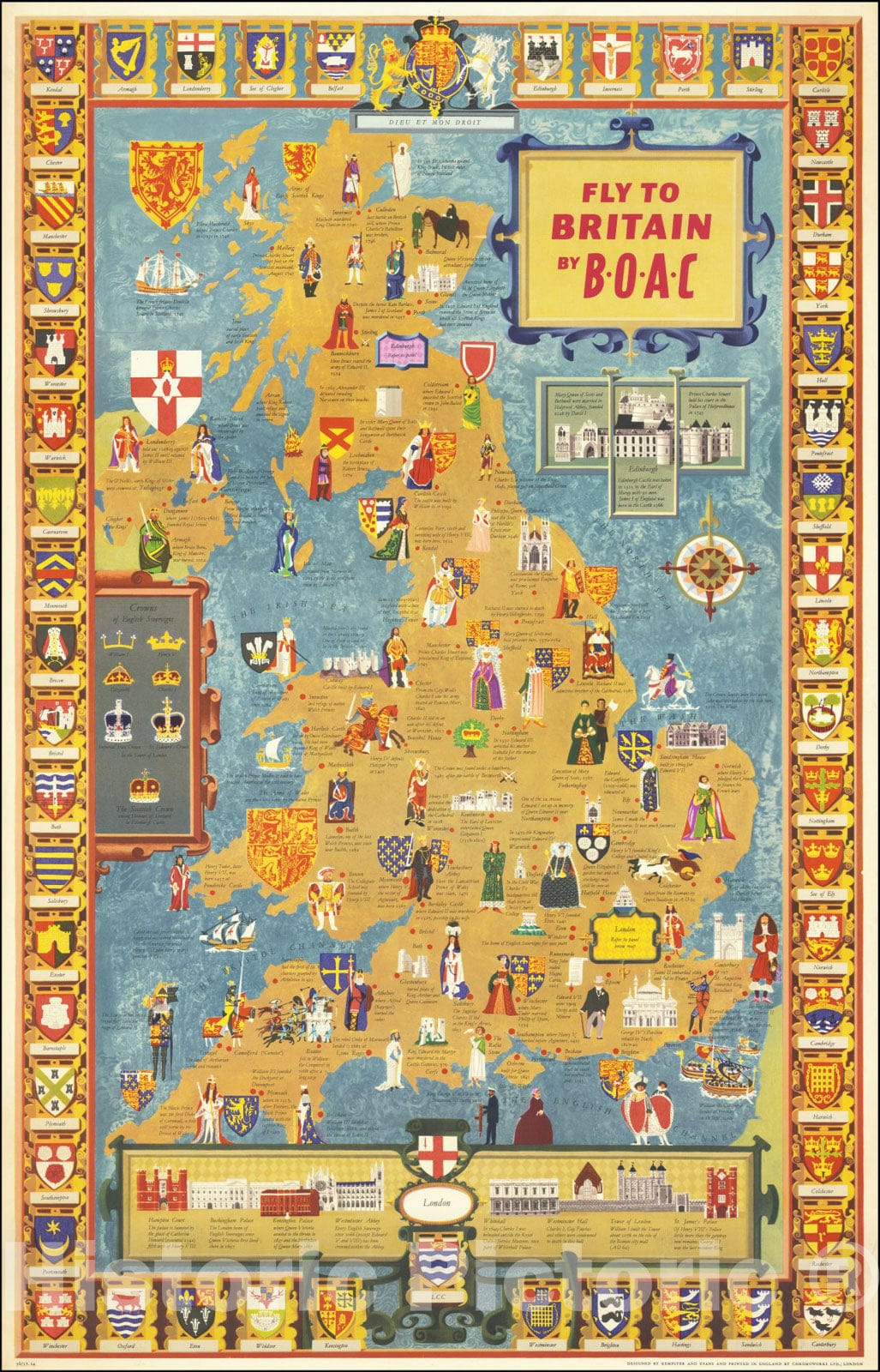 Historic Map : Fly to Britain by B.O.A.C., 1956, Vintage Wall Art