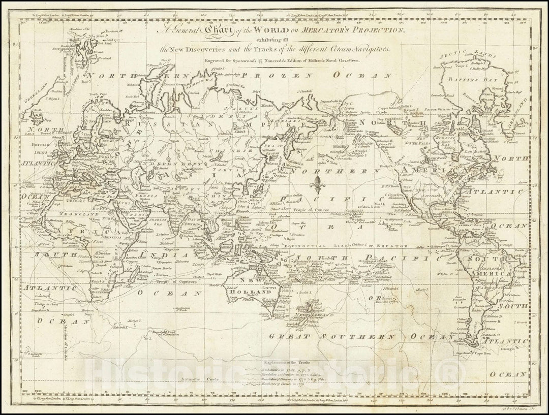 Historic Map : A General Chart of the World on Mercator's Projection, exhibiting all the New Discoveries and the Tracks of the different Circum-Navigators., 1797, Vintage Wall Art