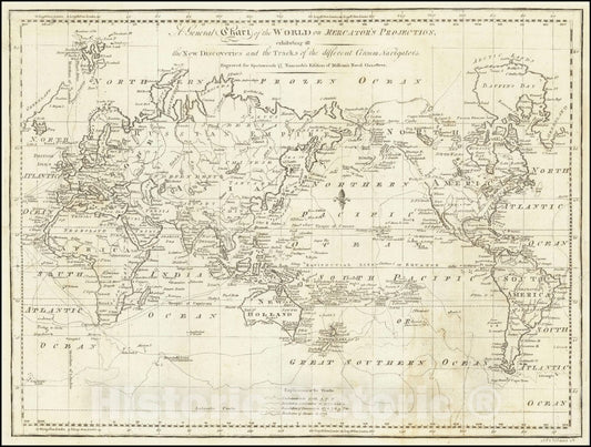 Historic Map : A General Chart of the World on Mercator's Projection, exhibiting all the New Discoveries and the Tracks of the different Circum-Navigators., 1797, Vintage Wall Art