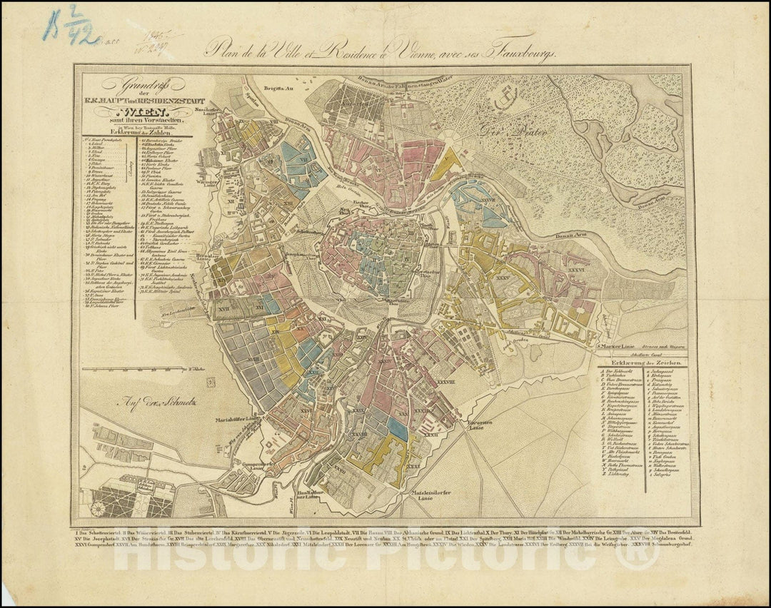 Historic Map : Grundriss der K.K. Haupt und Residenzstadt Wien samt ihren Vorstaedten. , Plan de la Ville et Residence de Vienne avec ses Fauxbourgs., 1803, Vintage Wall Art
