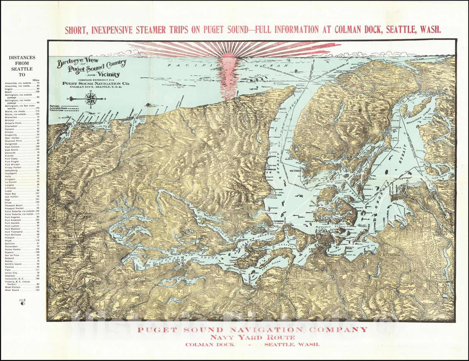 Historic Map : Birdseye View of Puget Sound and Vicinity, 1914, Vintage Wall Art