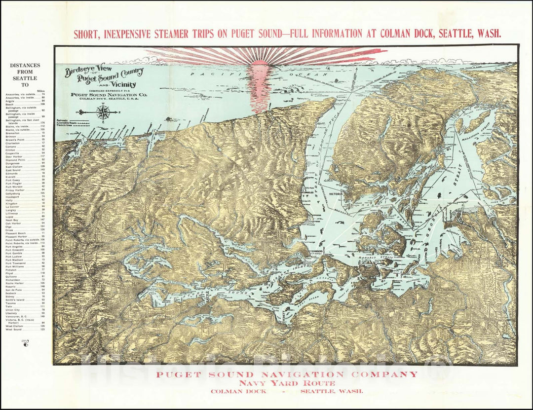 Historic Map : Birdseye View of Puget Sound and Vicinity, 1914, Vintage Wall Art