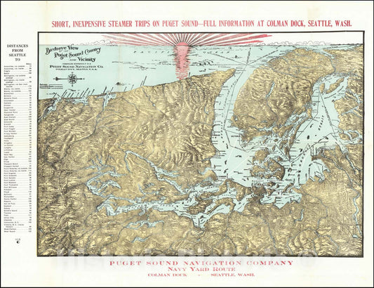 Historic Map : Birdseye View of Puget Sound and Vicinity, 1914, Vintage Wall Art