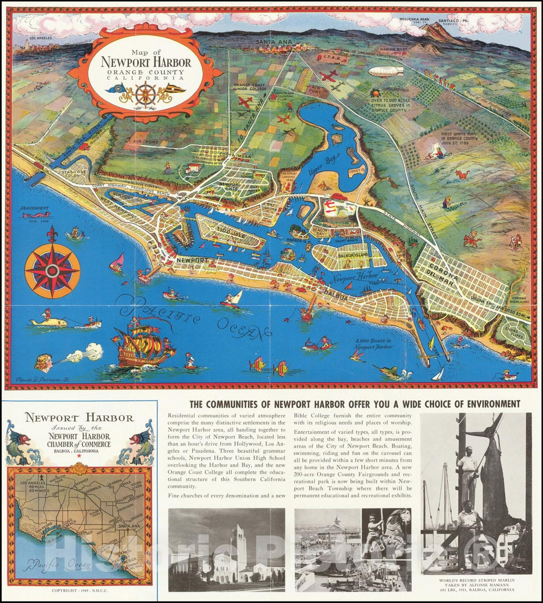 Historic Map : Newport Harbor Orange County California, 1949, Vintage Wall Art