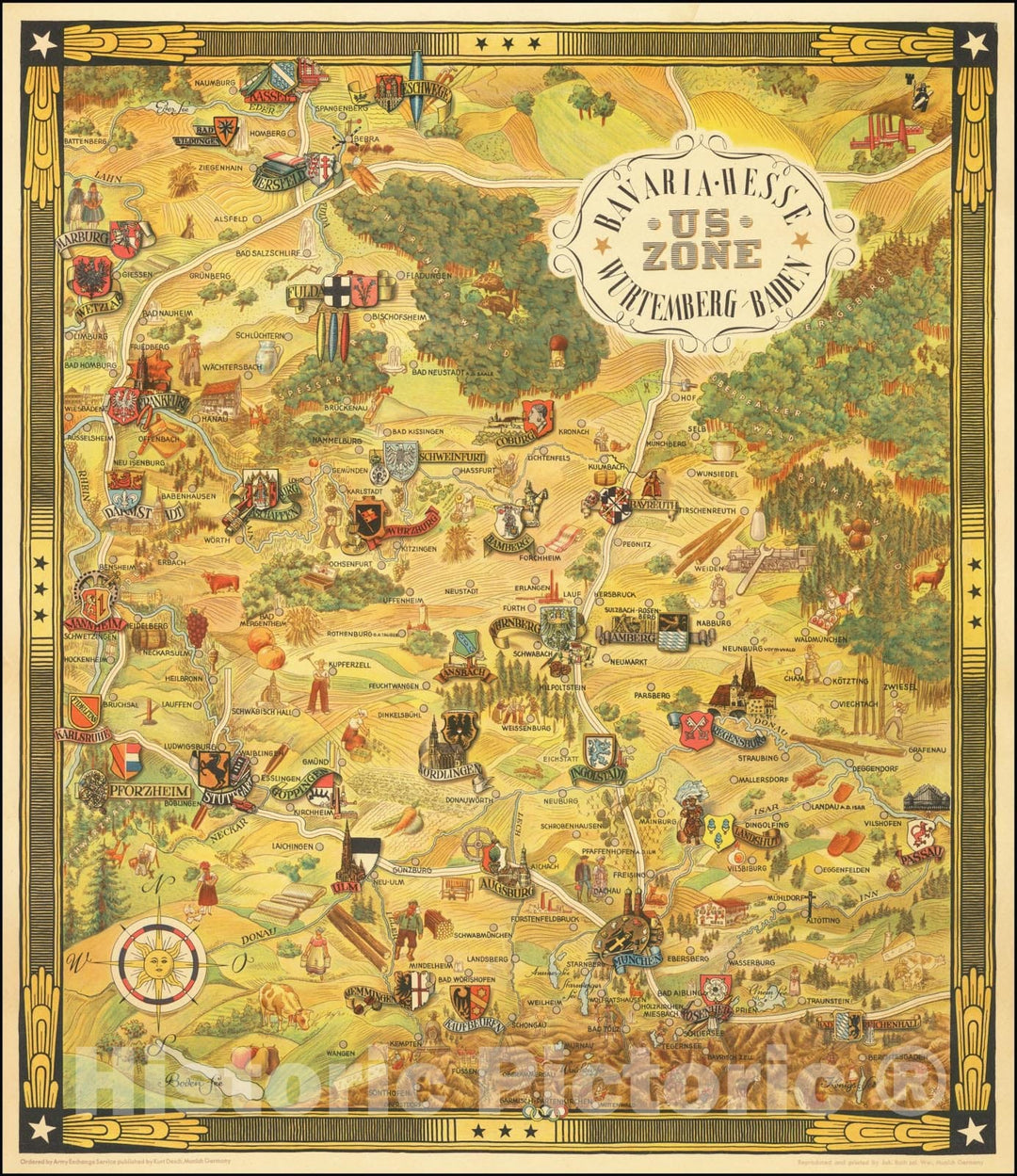 Historic Map : Bavaria - Hesse Wurtemberg - Baden . U S Zone , 1948, Vintage Wall Art