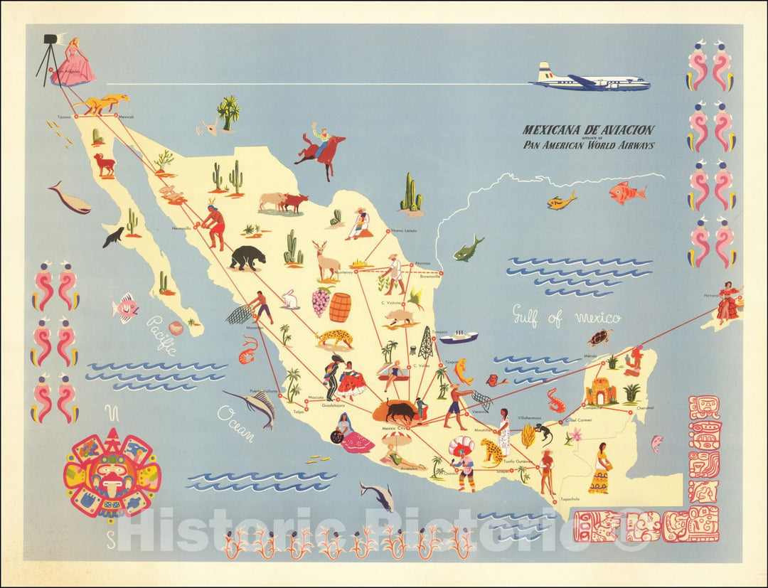 Historic Map : Mexicana de Aviacion Map of Mexico,  1955, Vintage Wall Art