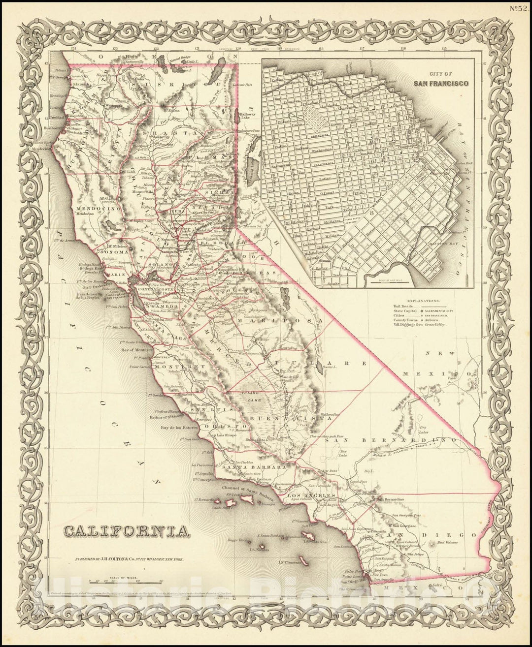 Historic Map : California , with San Francisco inset map, 1855, Vintage Wall Art