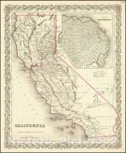 Historic Map : California , with San Francisco inset map, 1855, Vintage Wall Art