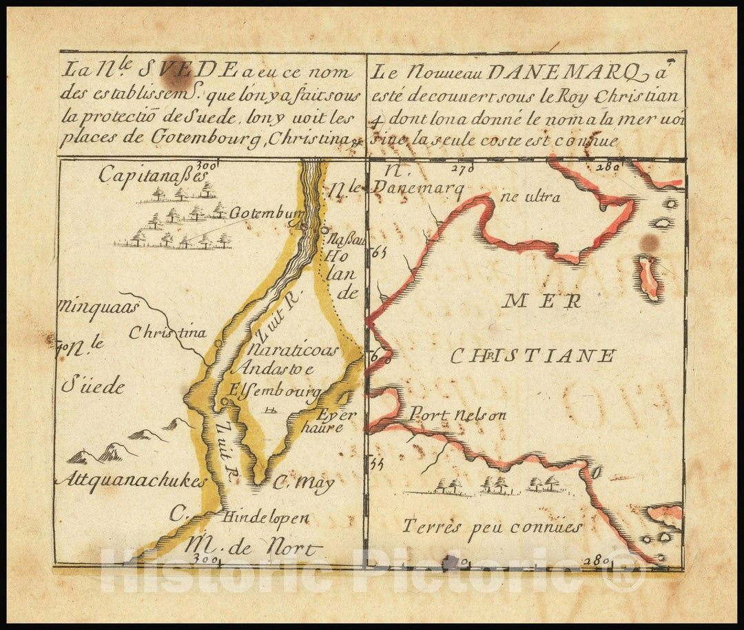 Historic Map : La Nle. Svede a eu ce nom des establissems,, Le Nouveau Danemarq a este decouvert, 1656 (1661), Vintage Wall Art