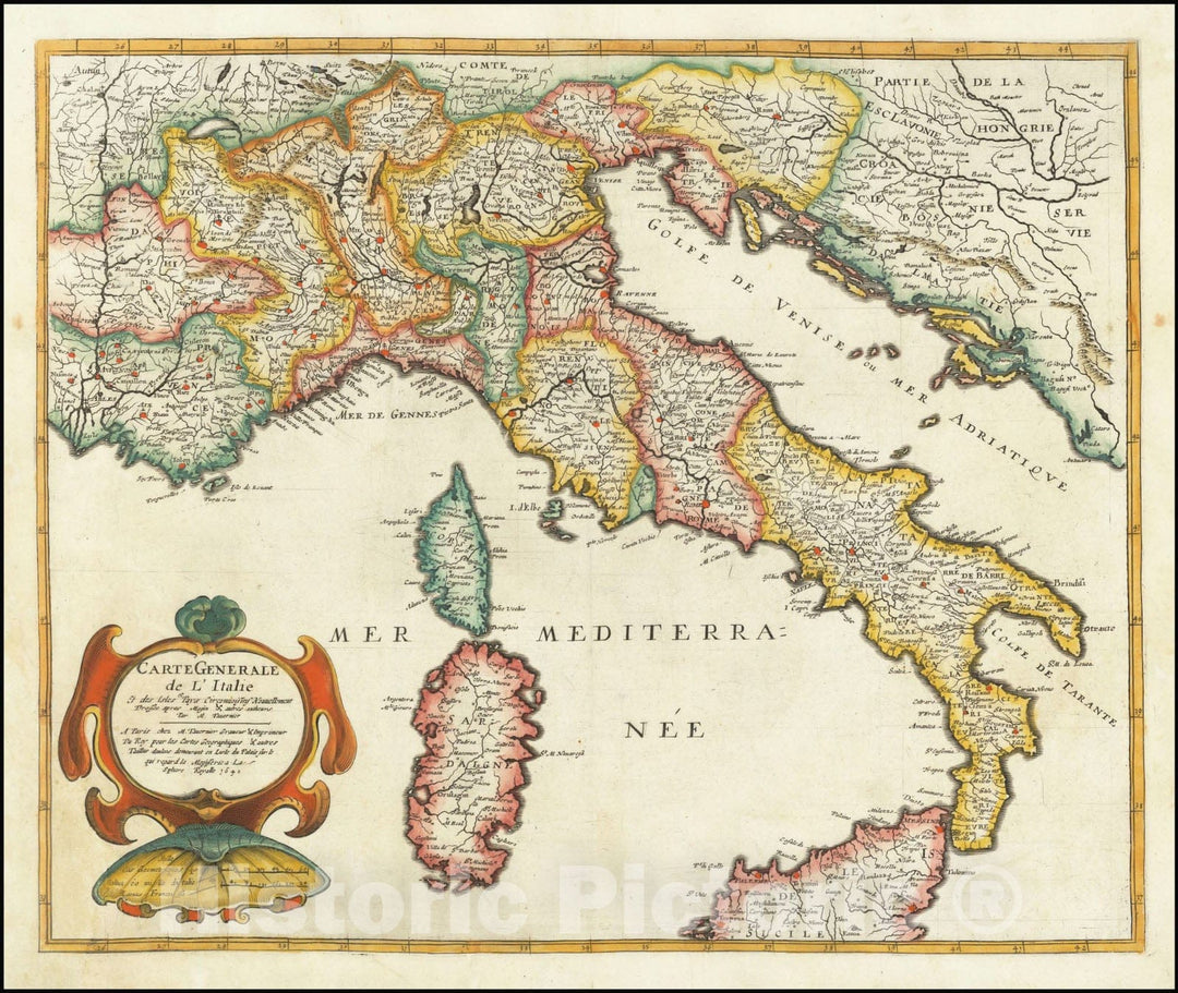 Historic Map : Carte Generale De L'Italie Et des Isles et Pays Circonvoisins Nouvellement Dressee apres Magin & autres autheurs, 1640, 1640, Vintage Wall Art