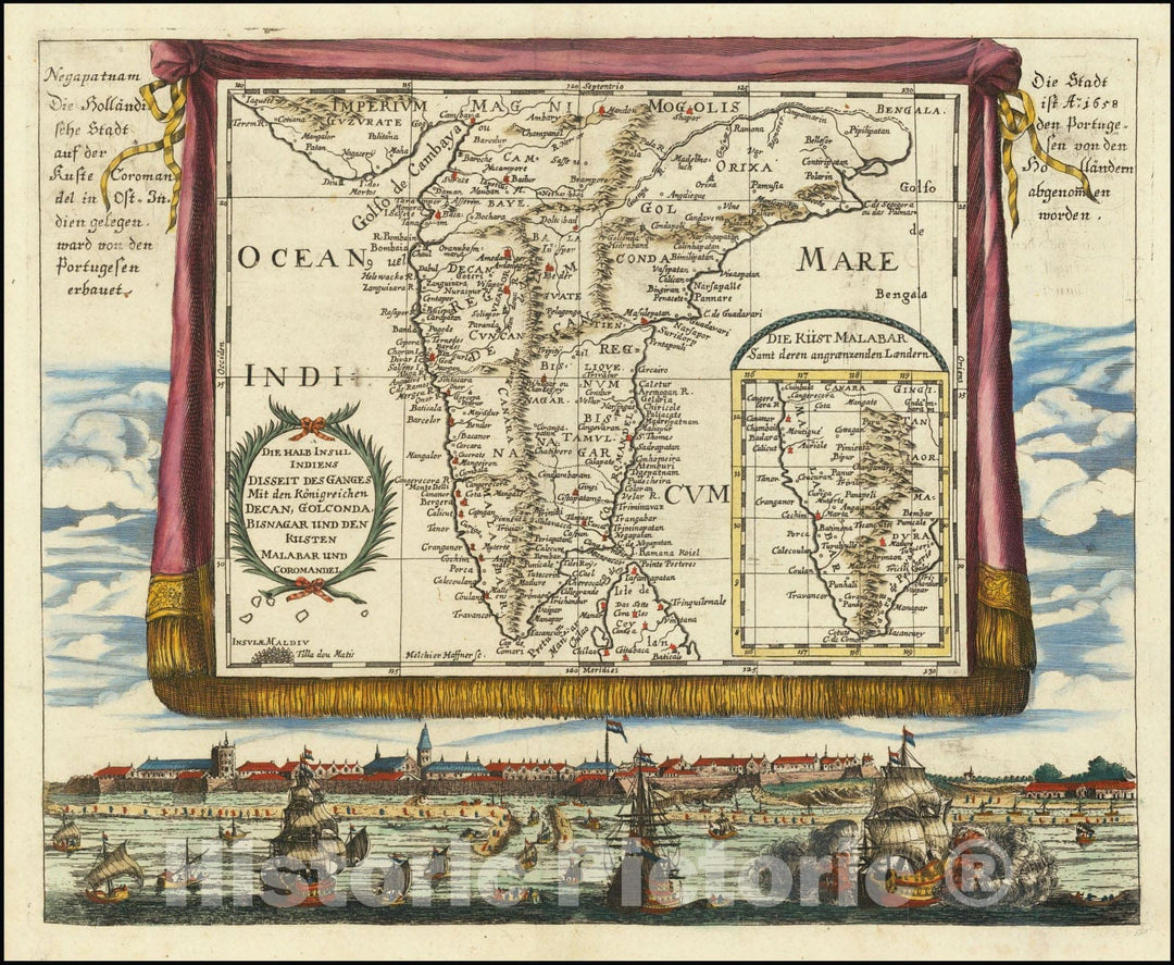Historic Map : Die Halb Insul Indiens disseit des Ganges Mid den Konigreichen Decan, Golconda, Bisnagar und den Kusten Malabar und Coromandel , with large view of Nagapatnam, 1686, Vintage Wall Art