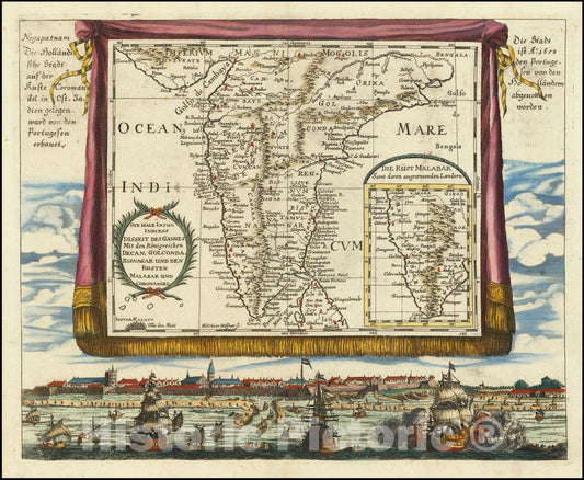 Historic Map : Die Halb Insul Indiens disseit des Ganges Mid den Konigreichen Decan, Golconda, Bisnagar und den Kusten Malabar und Coromandel , with large view of Nagapatnam, 1686, Vintage Wall Art