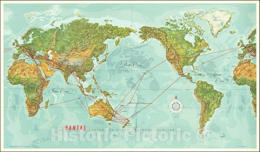 Historic Map : World,Qantas Australia's Round-The-World Airline, 1966, Vintage Wall Art