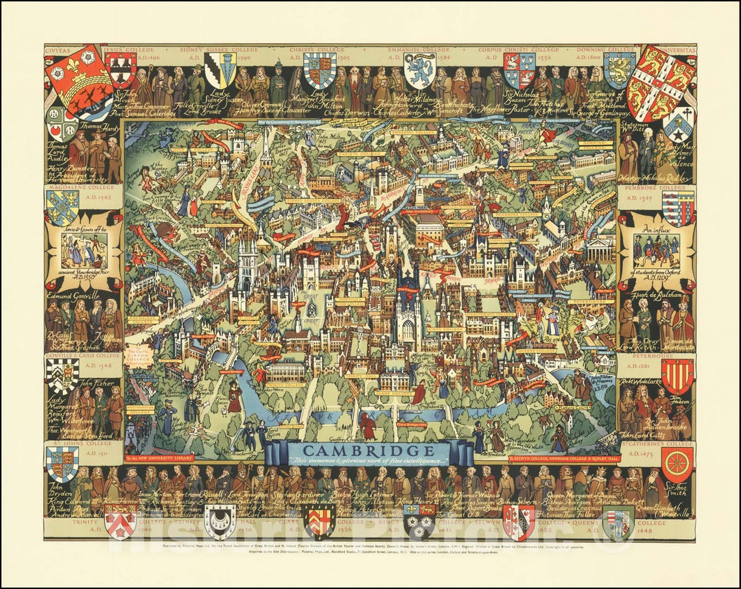 Historic Map : Cambridge "This immense & glorious work of fine intellegence...", 1948, Vintage Wall Art