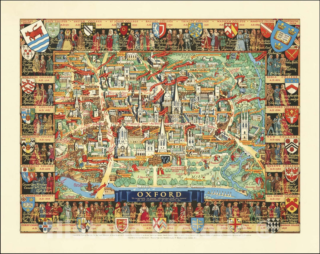 Historic Map : Oxford'So venerable, so serene, whispering from her towers the last enchantments of the Middle Age.", 1948, Vintage Wall Art