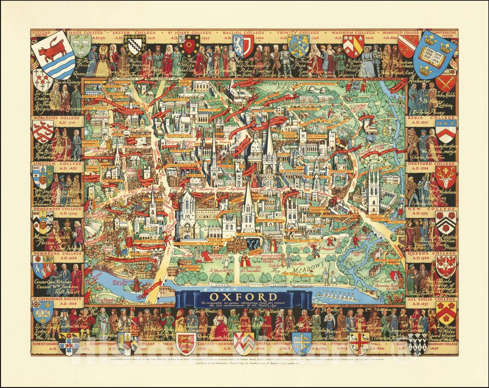 Historic Map : Oxford'So venerable, so serene, whispering from her towers the last enchantments of the Middle Age.", 1948, Vintage Wall Art