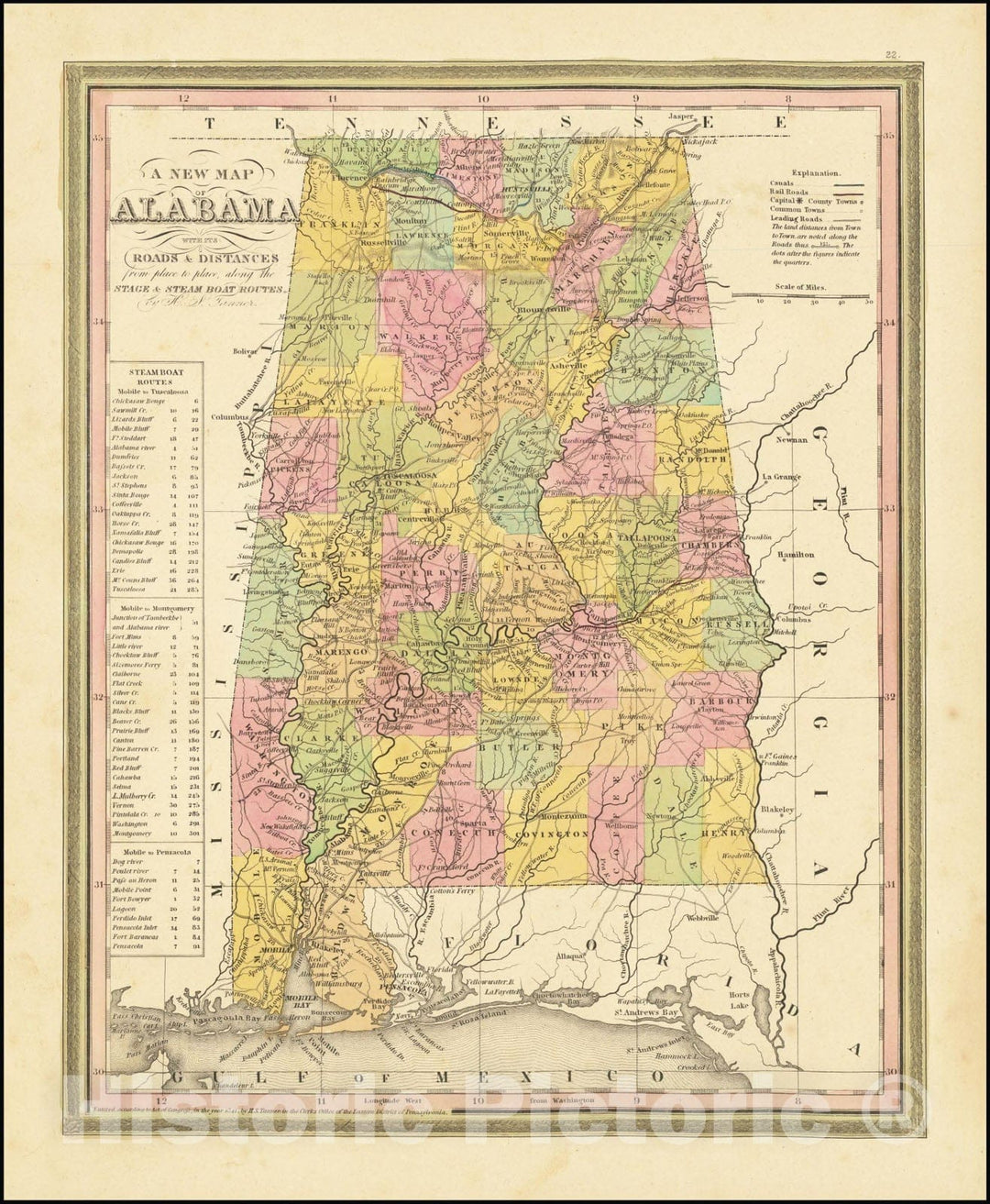 Historic Map : A New Alabama with its Canals, Roads, Distances from Place to Place, along the Stage & Steam Boat Routes, by H.S. Tanner, 1841, Vintage Wall Art