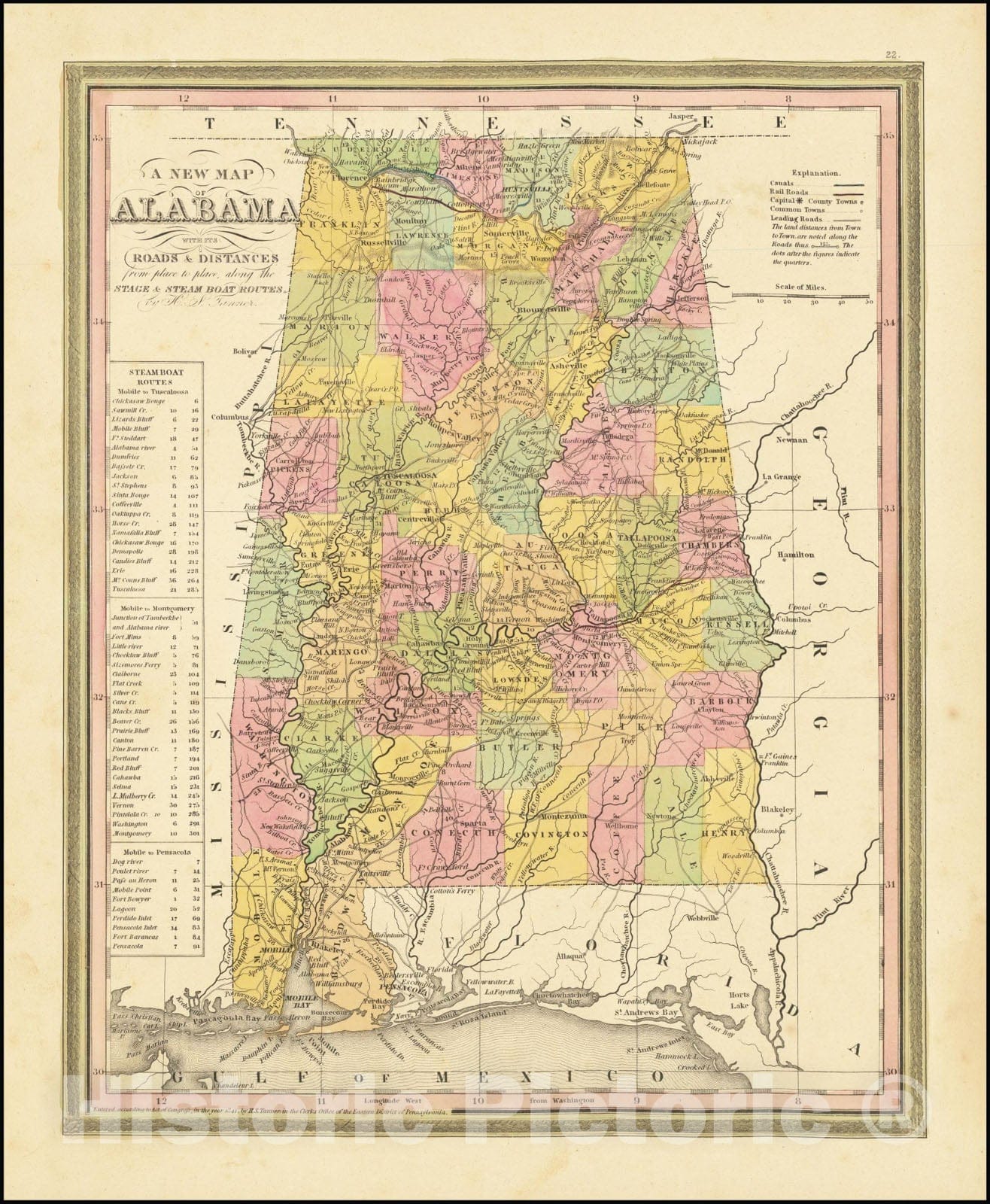 Historic Map : A New Alabama with its Canals, Roads, Distances from Place to Place, along the Stage & Steam Boat Routes, by H.S. Tanner, 1841, Vintage Wall Art