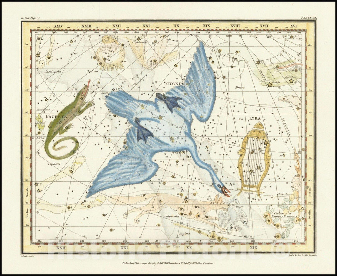Historic Map : Cygnus, Lacerta, and Lyra, 1822 v1, Vintage Wall Art