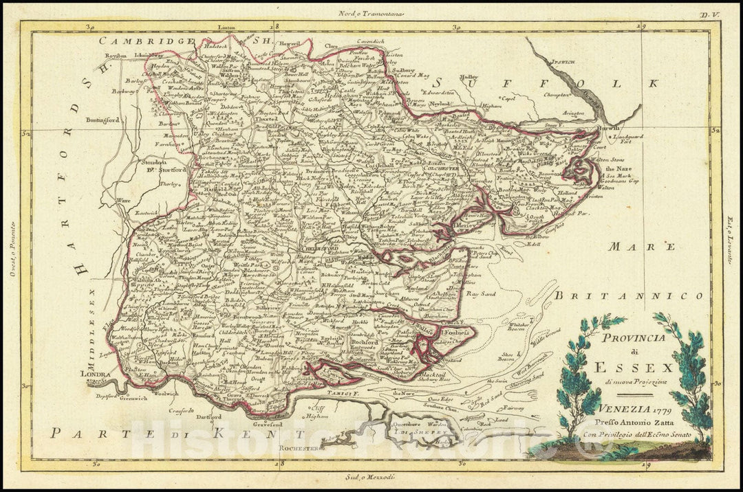 Historic Map : Provincia di Essex di nuova Projezione, .1779, 1779, Vintage Wall Art