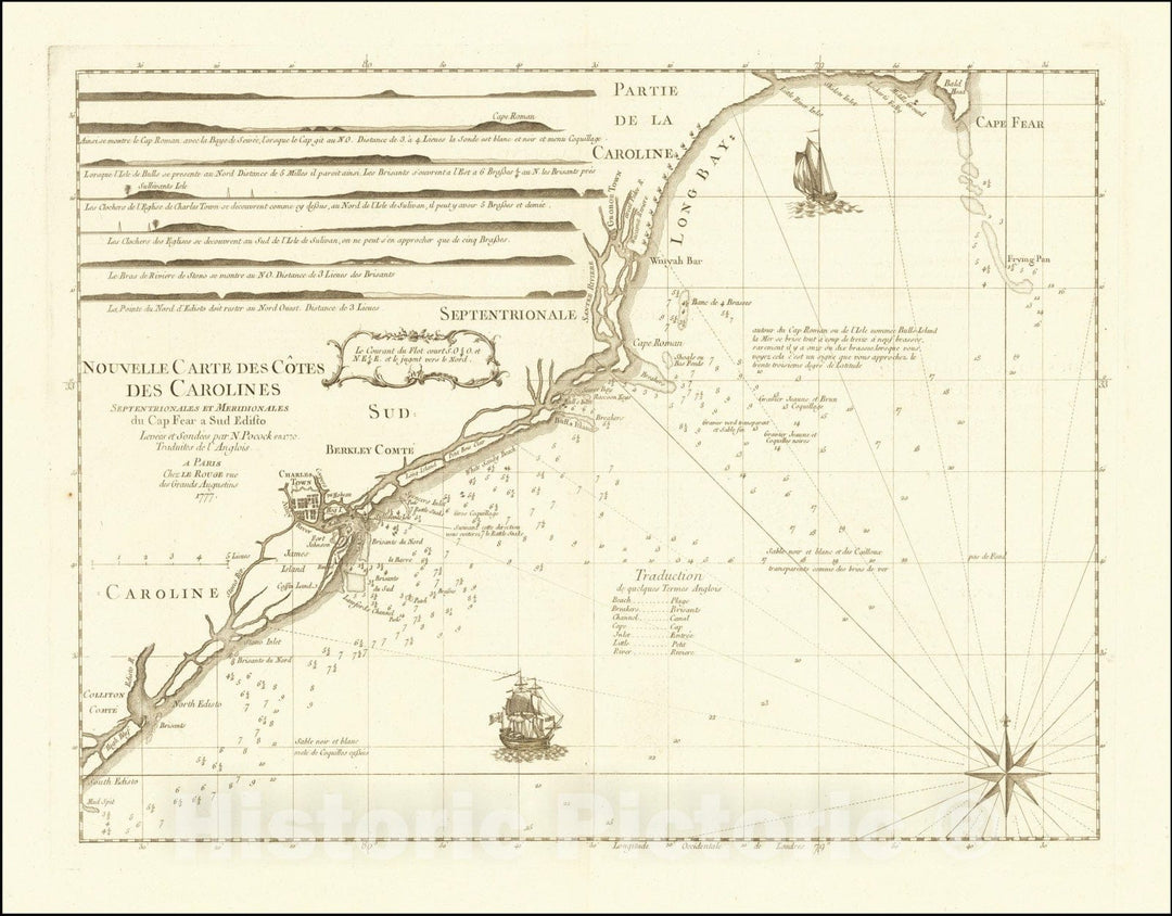 Historic Map : Nouvelle Carte Des Cotes Des Carolines Septentrionales Et Meridionales du Cap Fear a Sud Edisto Levees et Sondees par N. Pocock en 1770. Traduites de l'Anglois, 1777, 1777, Vintage Wall Art