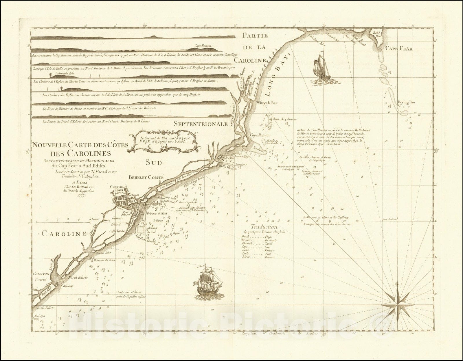 Historic Map : Nouvelle Carte Des Cotes Des Carolines Septentrionales Et Meridionales du Cap Fear a Sud Edisto Levees et Sondees par N. Pocock en 1770. Traduites de l'Anglois, 1777, 1777, Vintage Wall Art