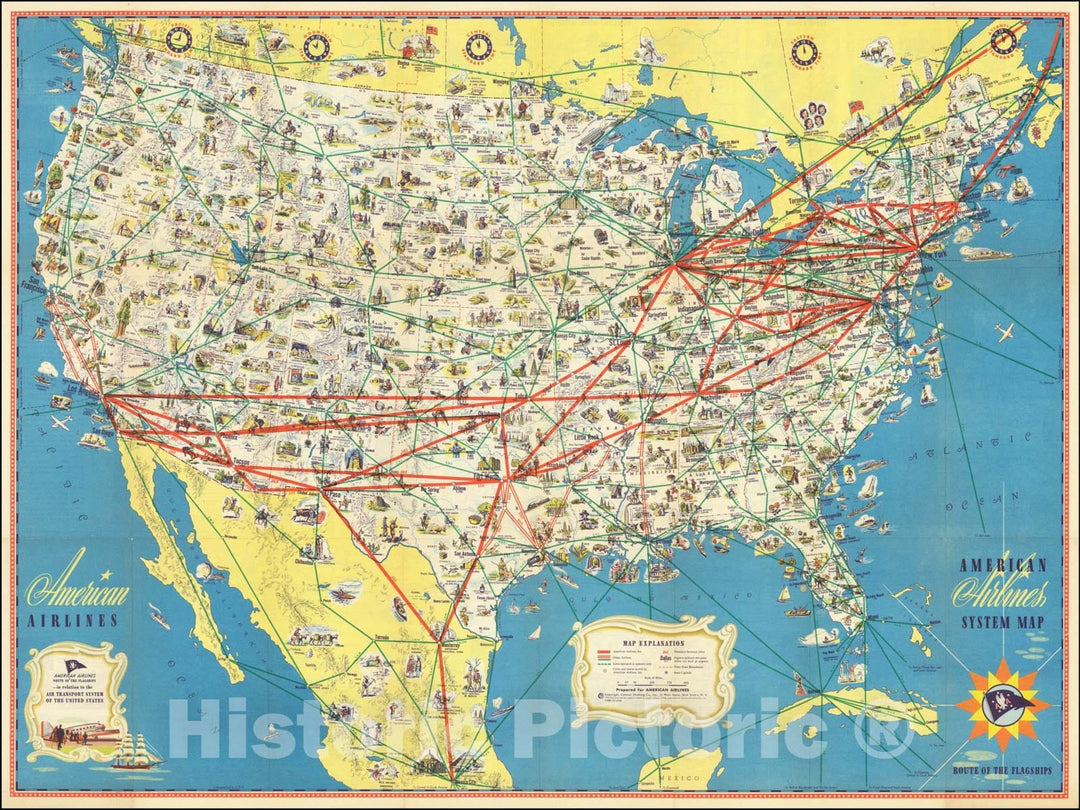 Historic Map : American Airlines System Map-- Route of the Flagships, 1945, Vintage Wall Art