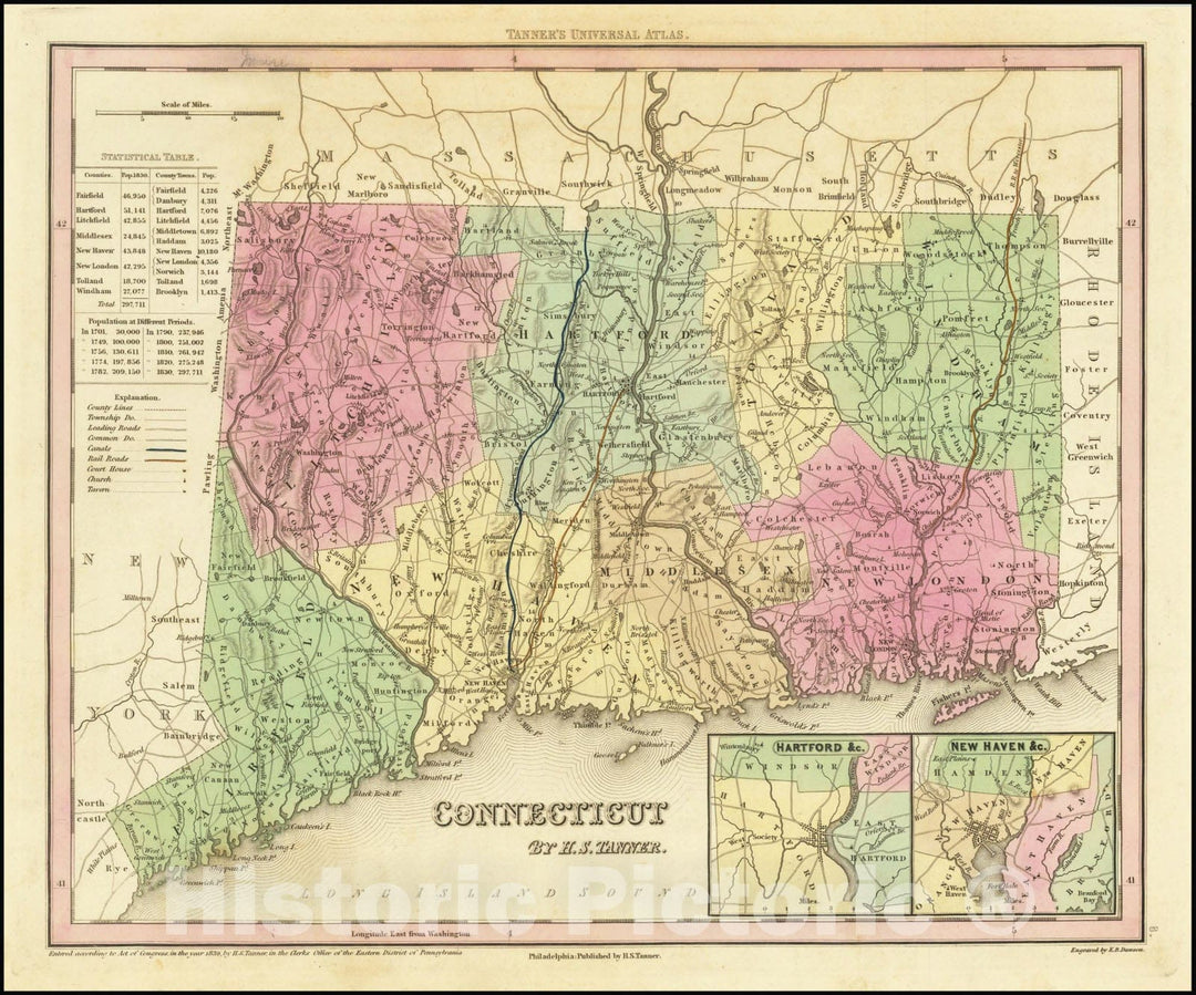 Historic Map : Connecticut by H. S. Tanner, 1836, Vintage Wall Art