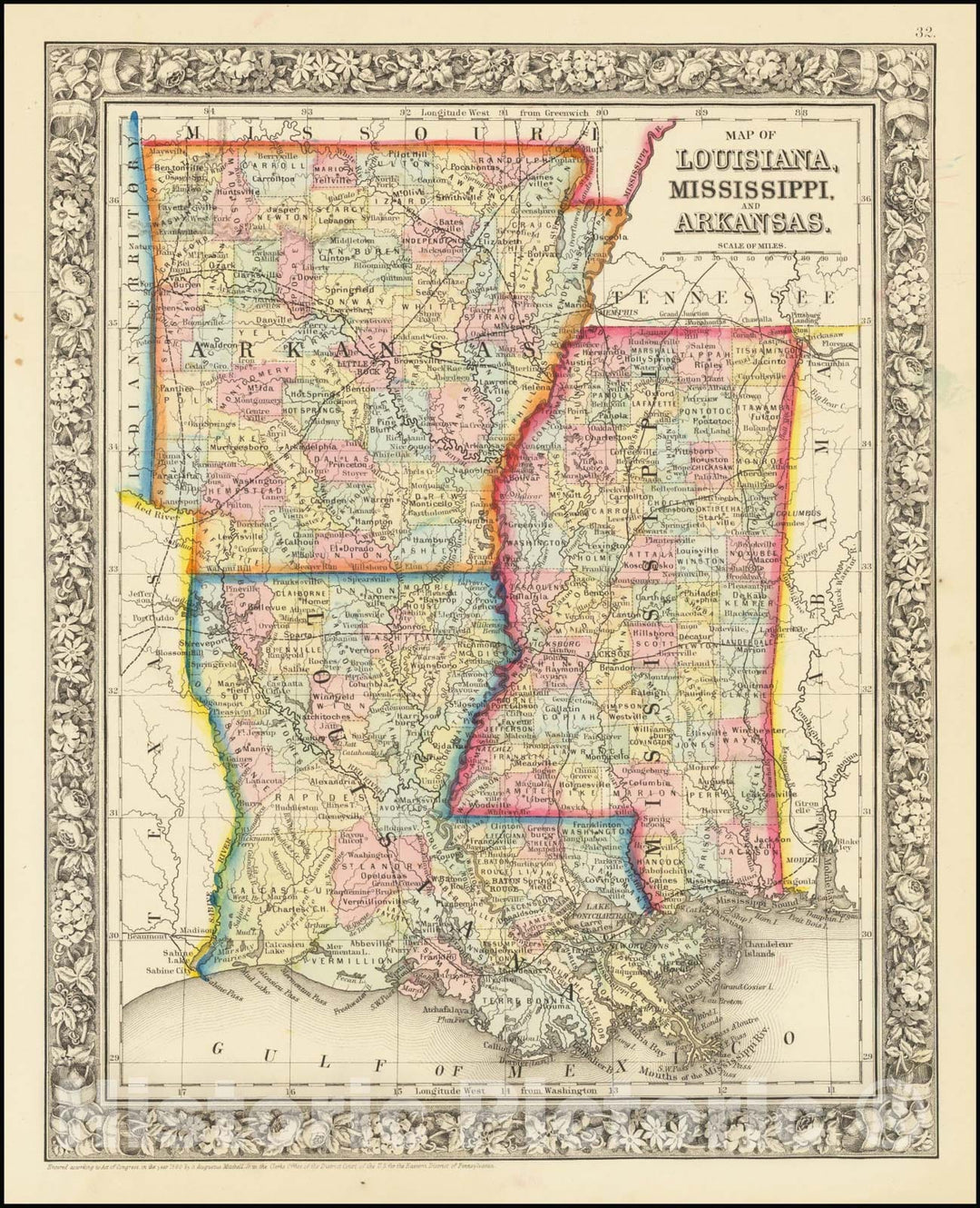 Historic Map : Louisiana, Mississippi and Arkansas, 1862, Vintage Wall Art