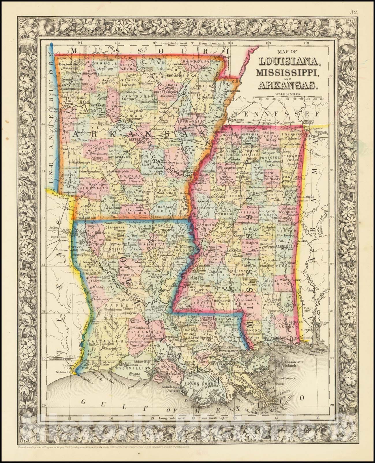 Historic Map : Louisiana, Mississippi and Arkansas, 1862, Vintage Wall Art