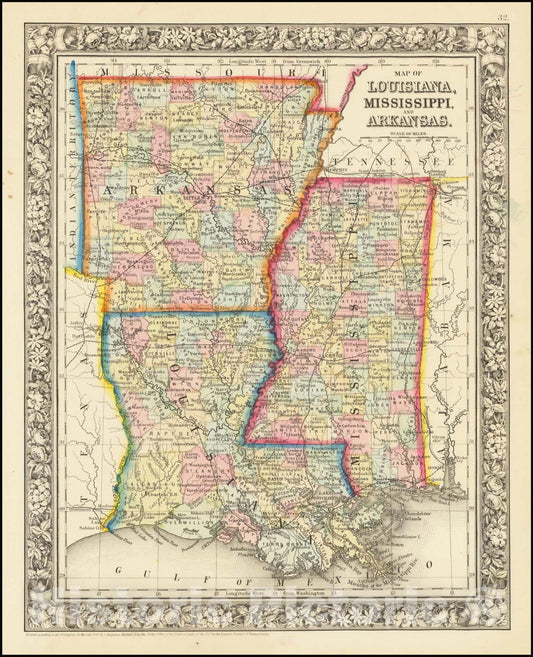 Historic Map : Louisiana, Mississippi and Arkansas, 1862, Vintage Wall Art
