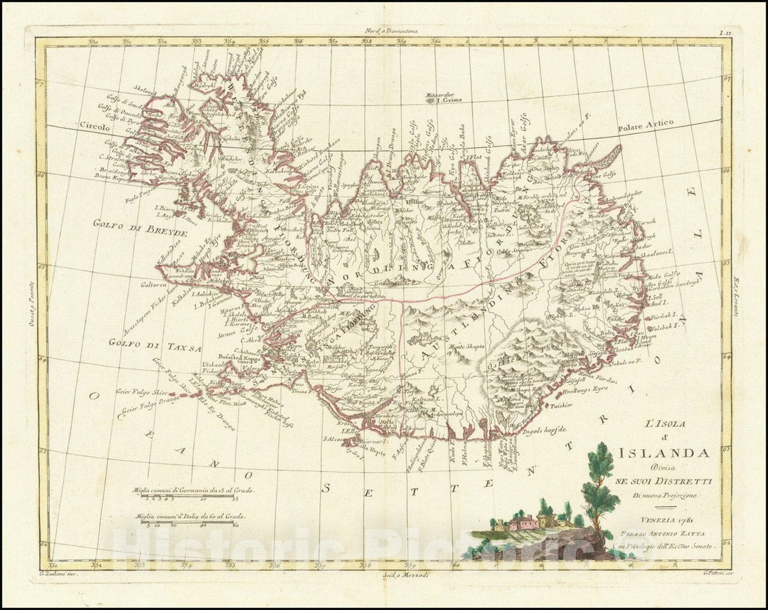Historic Map : L'Isola d'Islanda Divisa Ne Suoi Distretti Di nuova Projezione . . 1781, 1781, Vintage Wall Art