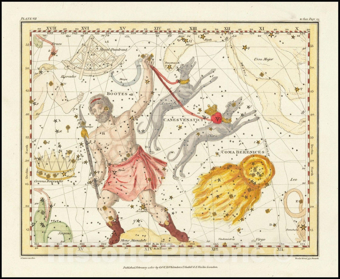Historic Map : Bootes & Mons Moenalus Asterion & Chara Venatici-Coma-Berenices, 1822 v2, Vintage Wall Art