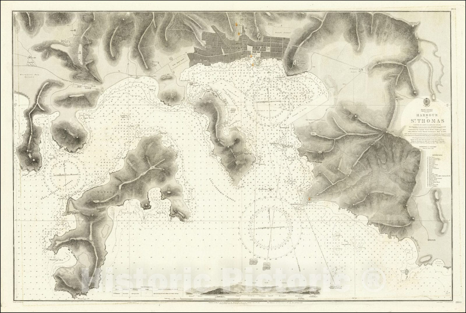Historic Map : Harbour of St. Thomas.Surveyed by Lieut G. B. Lawrence, R.N.1851,1853 (1917), Vintage Wall Art
