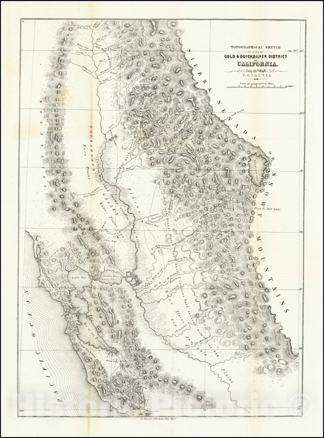 Historic Map : Topographical Sketch of the Gold & Quicksilver District of California July 25th 1848,  1848, Vintage Wall Art