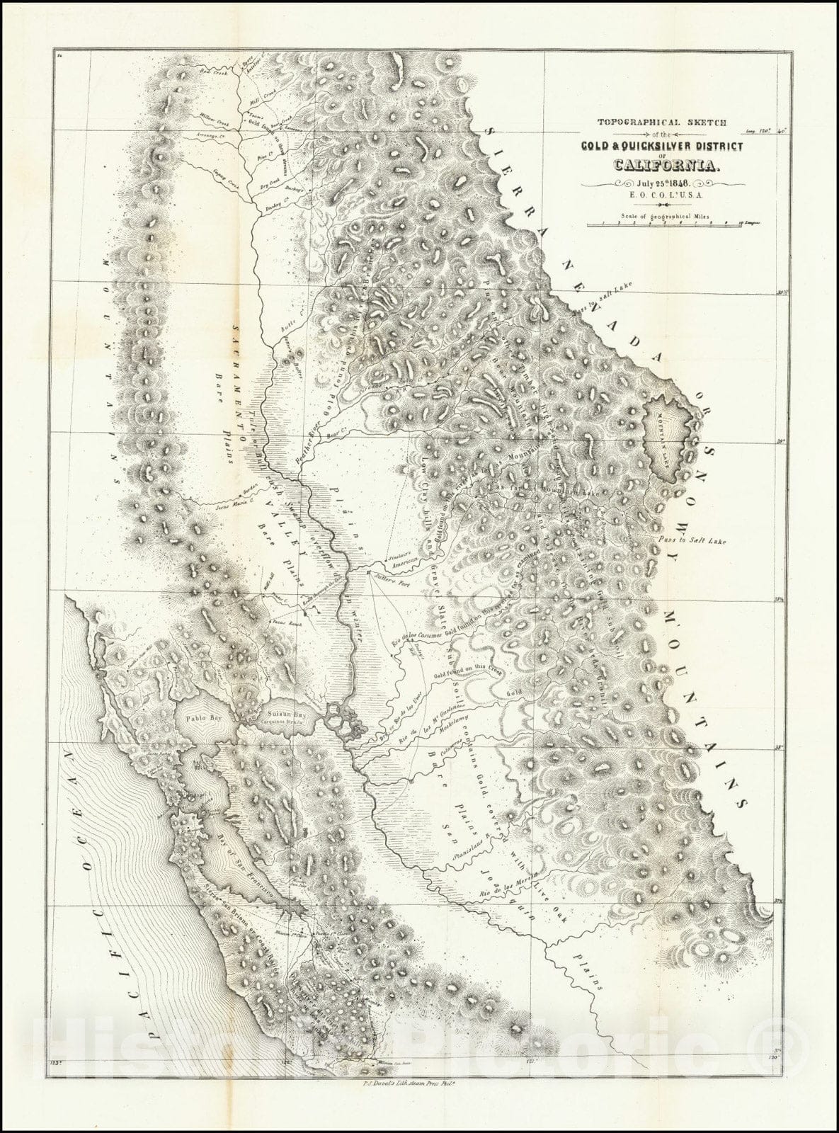 Historic Map : Topographical Sketch of the Gold & Quicksilver District of California July 25th 1848,  1848, Vintage Wall Art