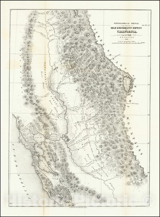 Historic Map : Topographical Sketch of the Gold & Quicksilver District of California July 25th 1848,  1848, Vintage Wall Art