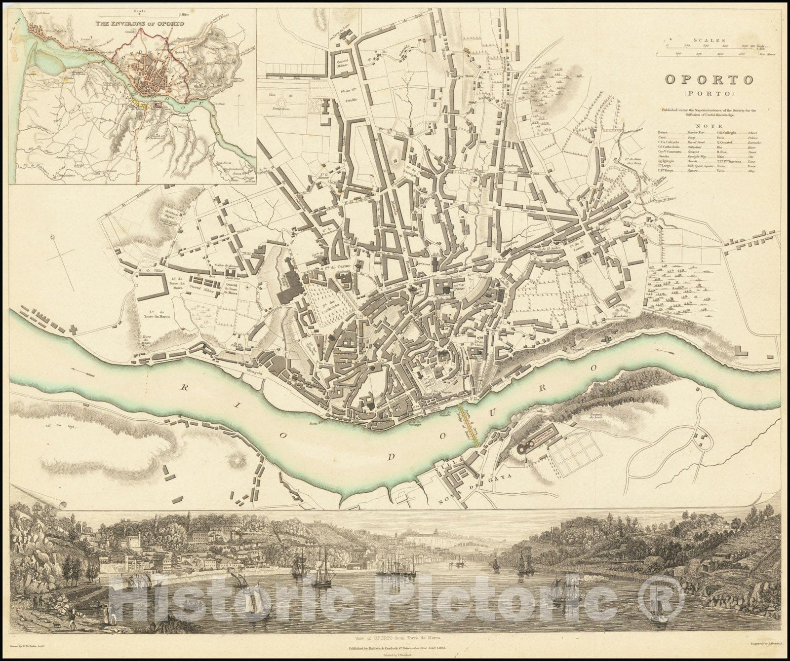Historic Map : Oporto , 1833, Vintage Wall Art