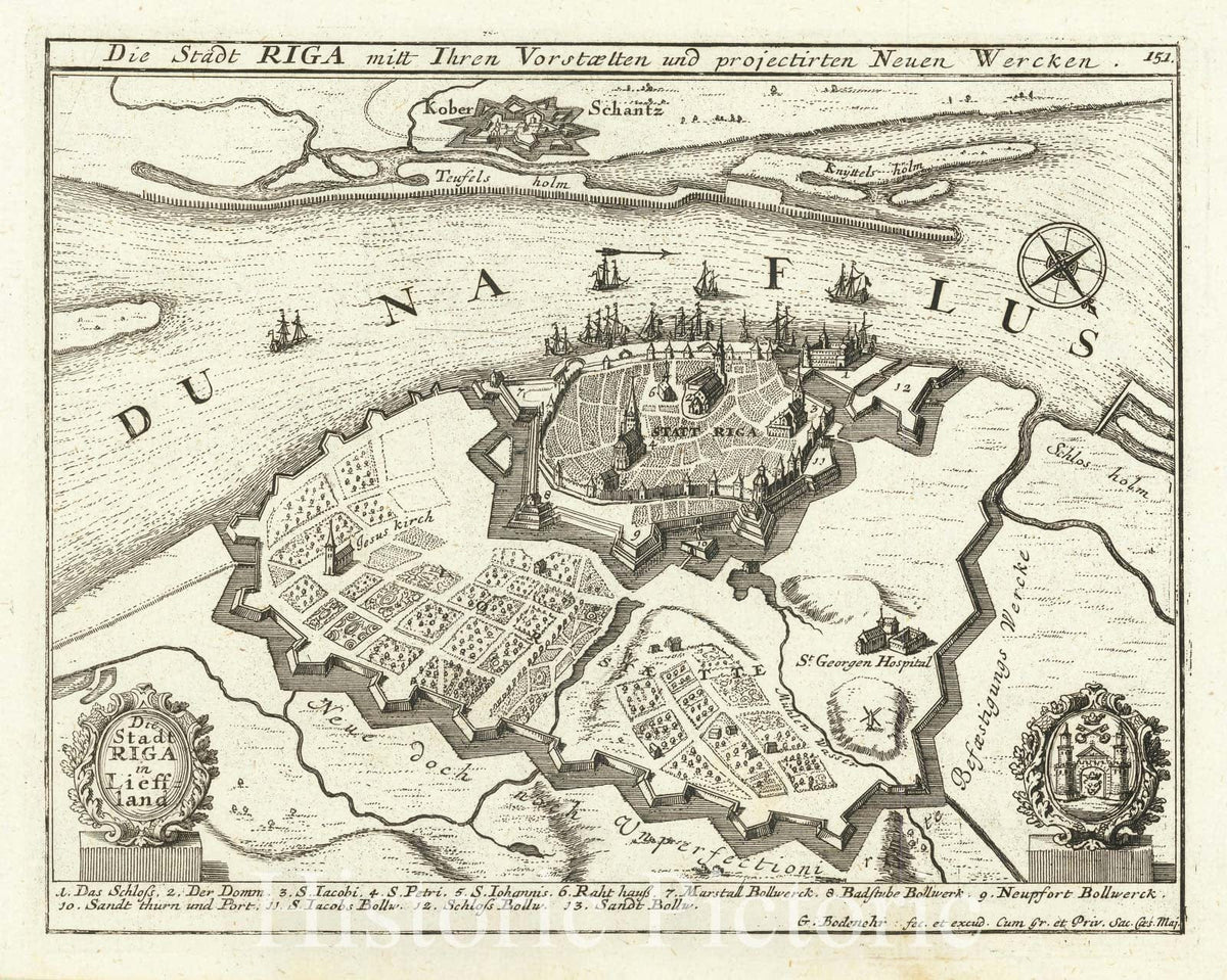 Historic Map : Die Stadt Riga mitt Ihren Vorstaetten und projectirten Neuen Wercken, 1720, Vintage Wall Art