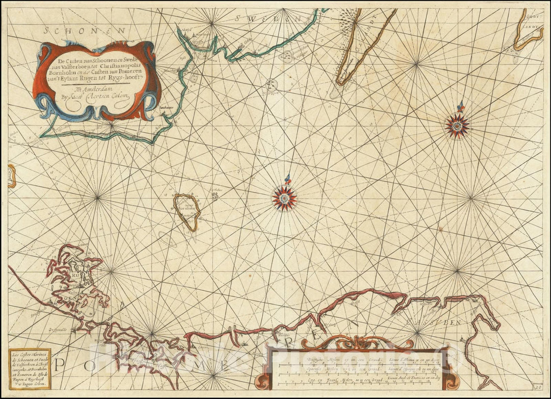 Historic Map : De Custen van Schoonen en Swede van Valsterboen tot ChristianopolisBornholm en de Custen van Pomeren van't Eylant Rugen tot Rygs-hooft, 1640, Vintage Wall Art